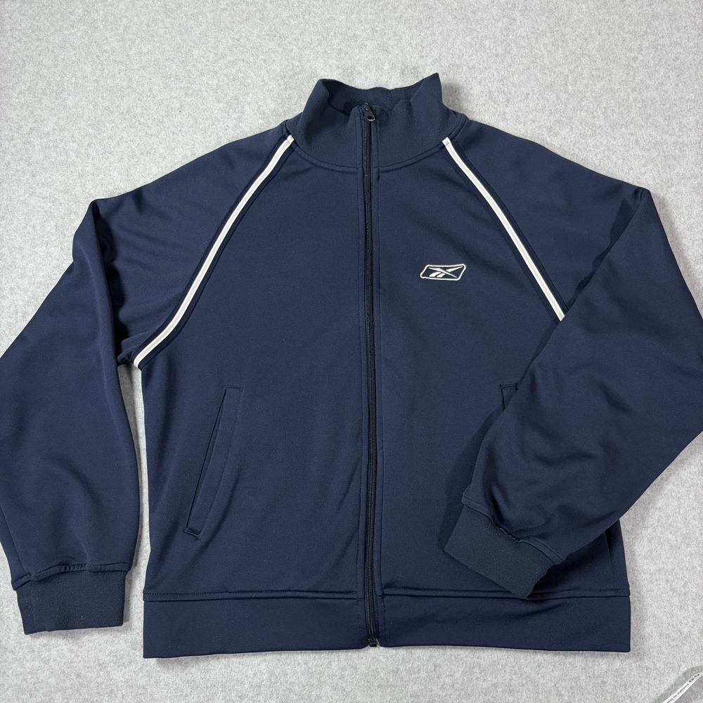 Reebok Navy Blue Full Zip Track Jacket Mens Large White Piping RN 69421